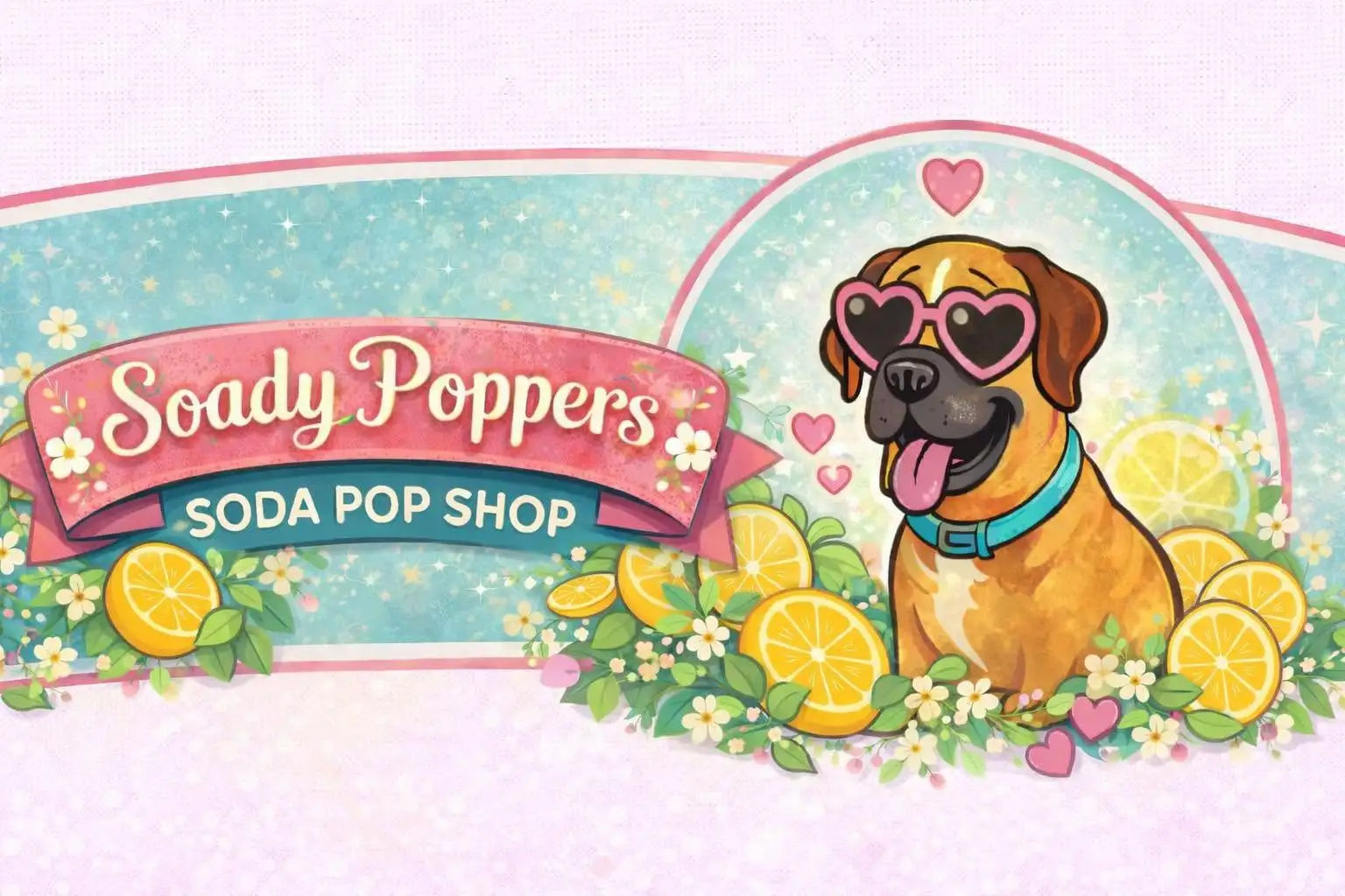 Soady Poppers mascot dog in heart sunglasses among lemons and flowers